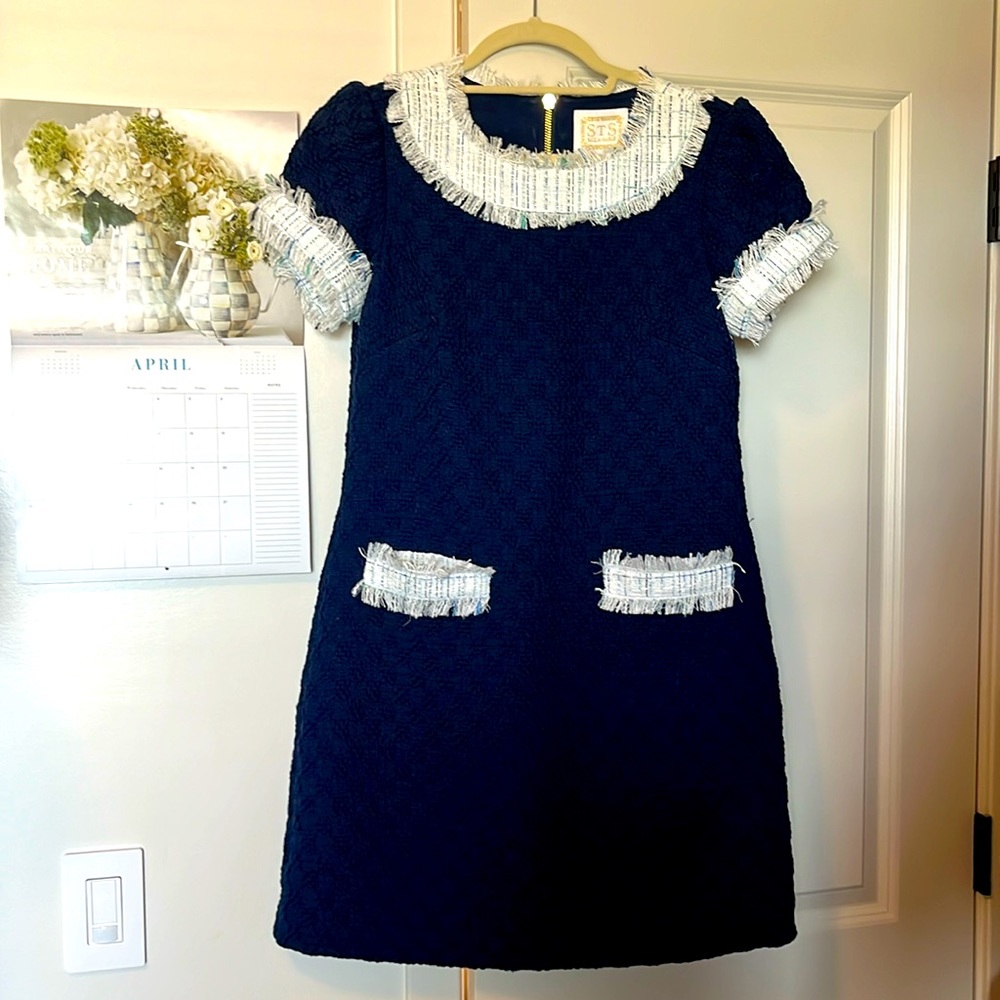 Sail to Sable Tweed Shift Dress Navy White Short Sleeve Size 4